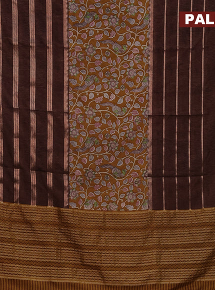 Semi crepe saree mustard shade and brown with kalamkari prints and long zari woven simple border