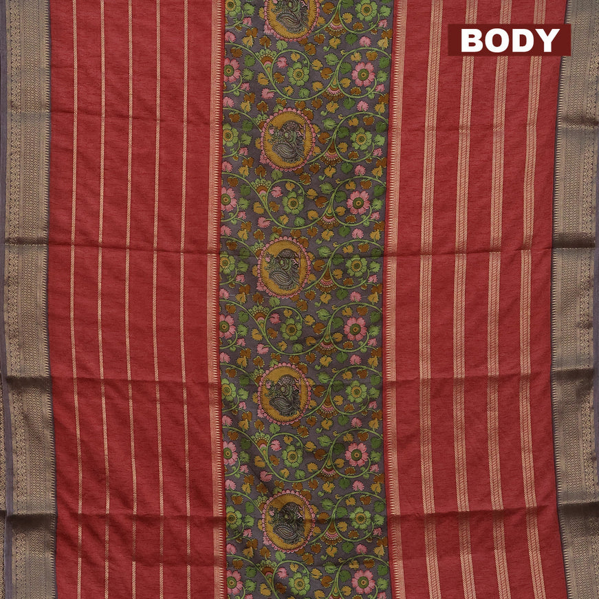 Semi crepe saree grey and red shade with kalamkari prints and long zari woven simple border