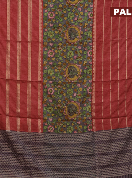 Semi crepe saree grey and red shade with kalamkari prints and long zari woven simple border