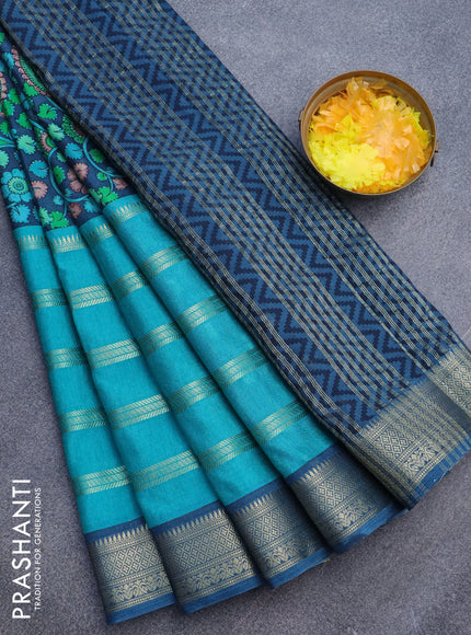 Semi crepe saree blue and teal blue with kalamkari prints and long zari woven simple border