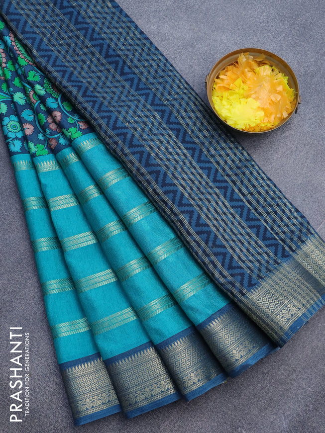 Semi crepe saree blue and teal blue with kalamkari prints and long zari woven simple border