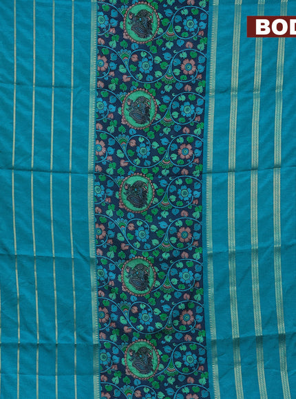 Semi crepe saree blue and teal blue with kalamkari prints and long zari woven simple border