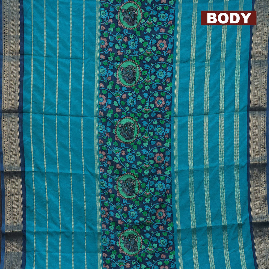 Semi crepe saree blue and teal blue with kalamkari prints and long zari woven simple border