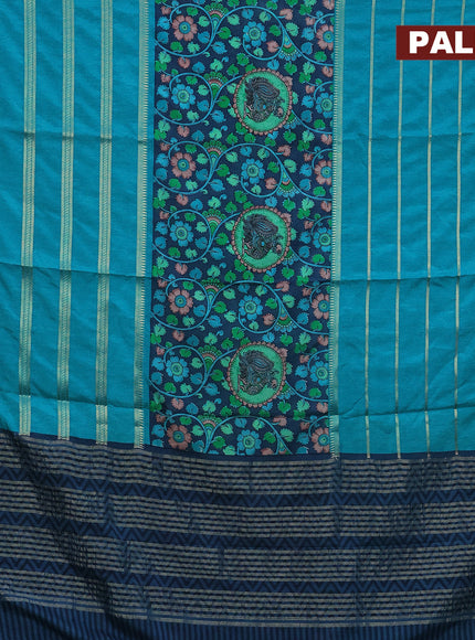 Semi crepe saree blue and teal blue with kalamkari prints and long zari woven simple border