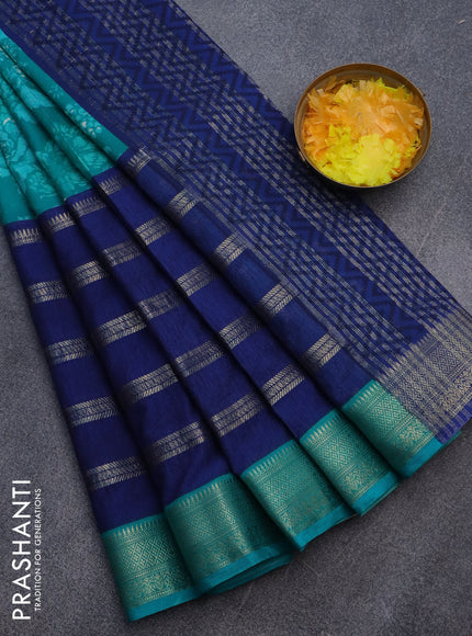 Semi crepe saree teal blue and blue with allover prints and long zari woven simple border