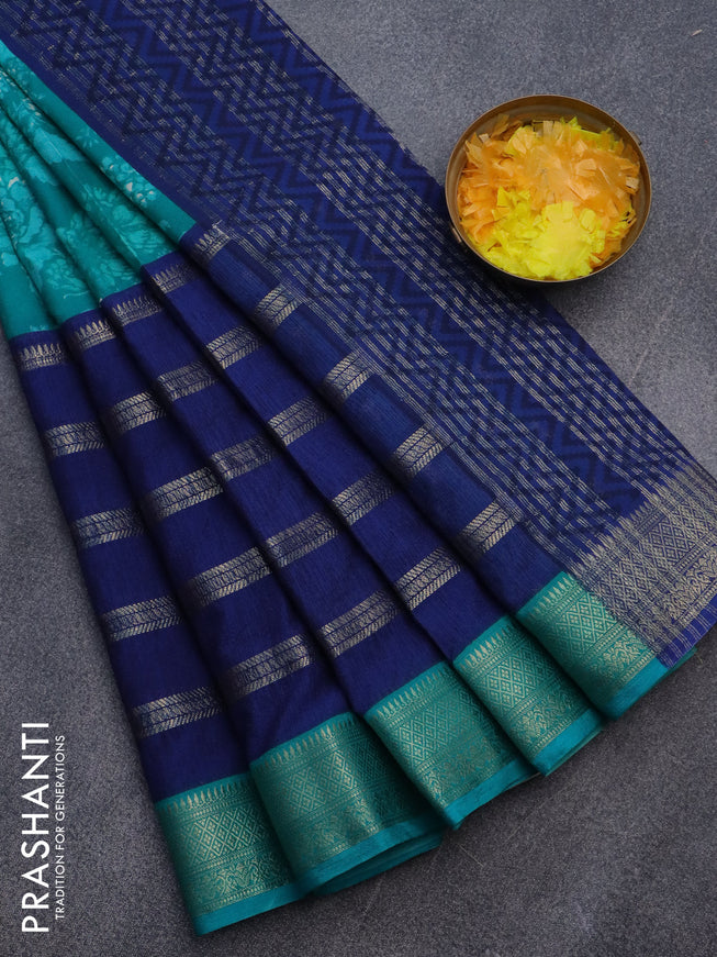 Semi crepe saree teal blue and blue with allover prints and long zari woven simple border