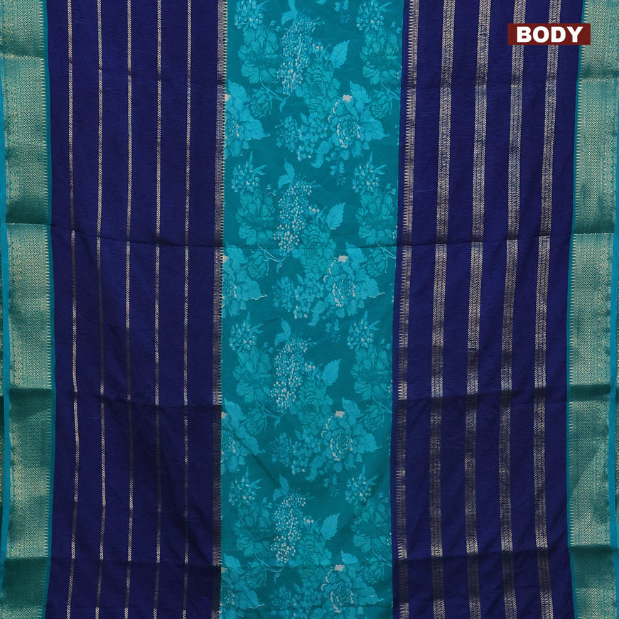 Semi crepe saree teal blue and blue with allover prints and long zari woven simple border