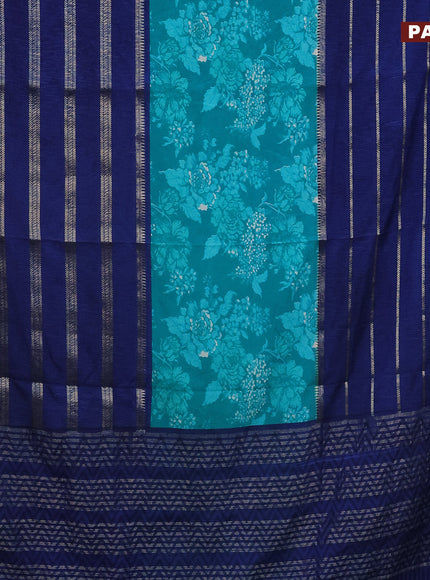 Semi crepe saree teal blue and blue with allover prints and long zari woven simple border