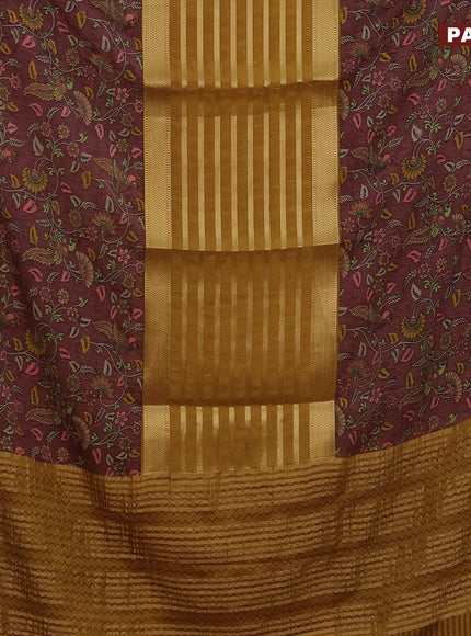 Semi crepe saree dark mustard and brown with zari weaves and long kalamkari printed zari border