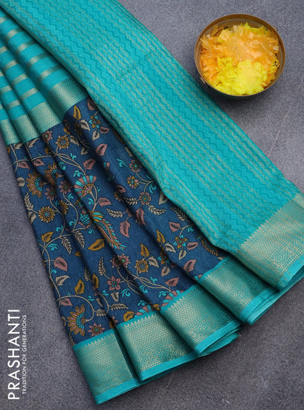 Semi crepe saree teal blue and peacock blue with zari weaves and long kalamkari printed zari border