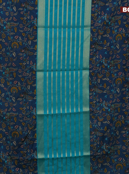 Semi crepe saree teal blue and peacock blue with zari weaves and long kalamkari printed zari border