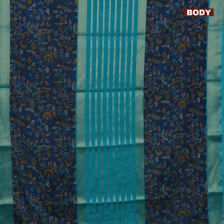 Semi crepe saree teal blue and peacock blue with zari weaves and long kalamkari printed zari border