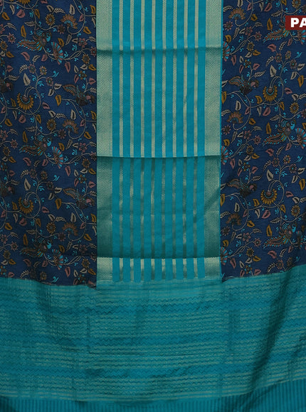 Semi crepe saree teal blue and peacock blue with zari weaves and long kalamkari printed zari border