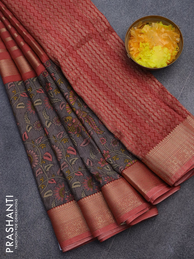 Semi crepe saree red shade and grey with zari weaves and long kalamkari printed zari border