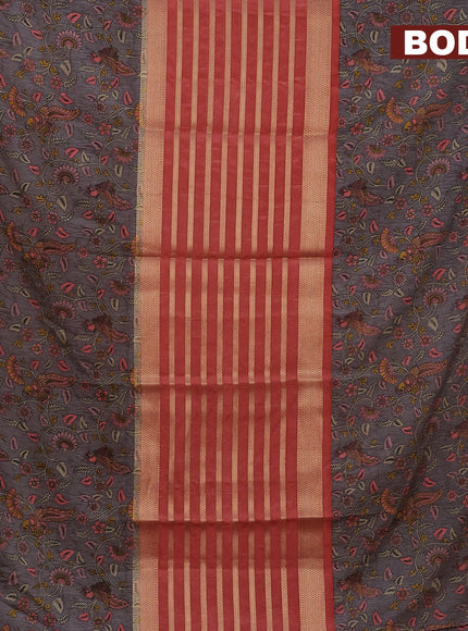 Semi crepe saree red shade and grey with zari weaves and long kalamkari printed zari border