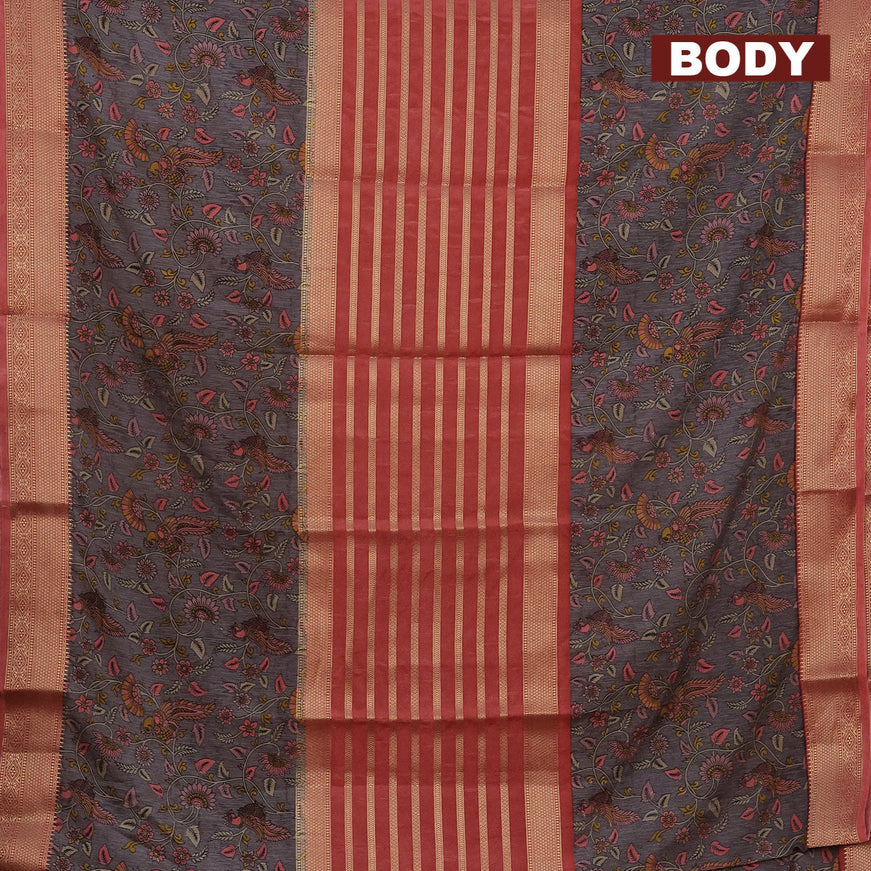 Semi crepe saree red shade and grey with zari weaves and long kalamkari printed zari border