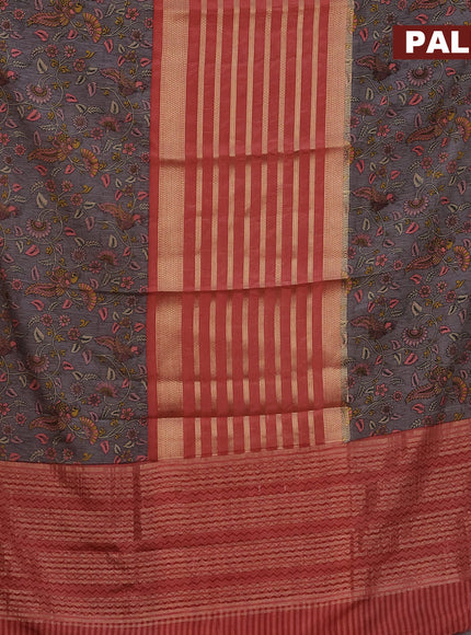 Semi crepe saree red shade and grey with zari weaves and long kalamkari printed zari border