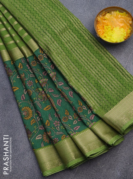 Semi crepe saree light green and green with zari weaves and long kalamkari printed zari border