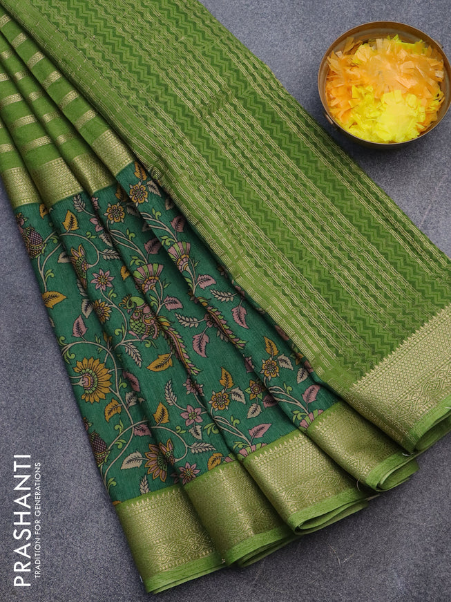 Semi crepe saree light green and green with zari weaves and long kalamkari printed zari border