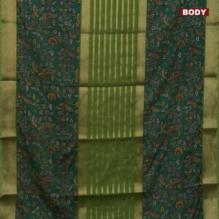 Semi crepe saree light green and green with zari weaves and long kalamkari printed zari border