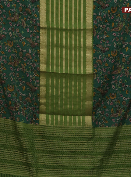 Semi crepe saree light green and green with zari weaves and long kalamkari printed zari border