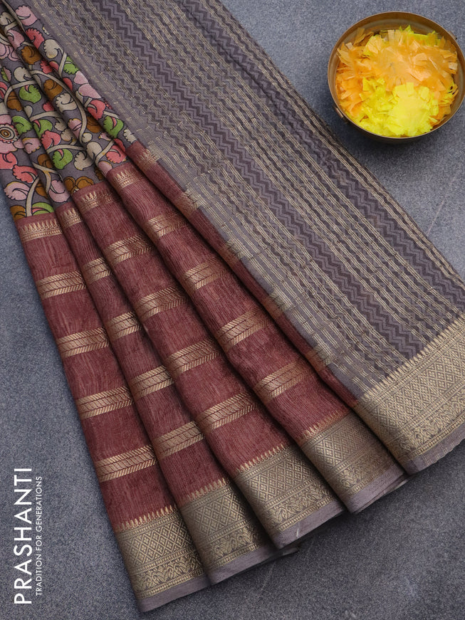 Semi crepe saree grey and rosy brown with kalamkari prints and long zari woven simple border