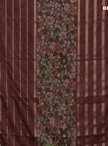 Semi crepe saree grey and rosy brown with kalamkari prints and long zari woven simple border