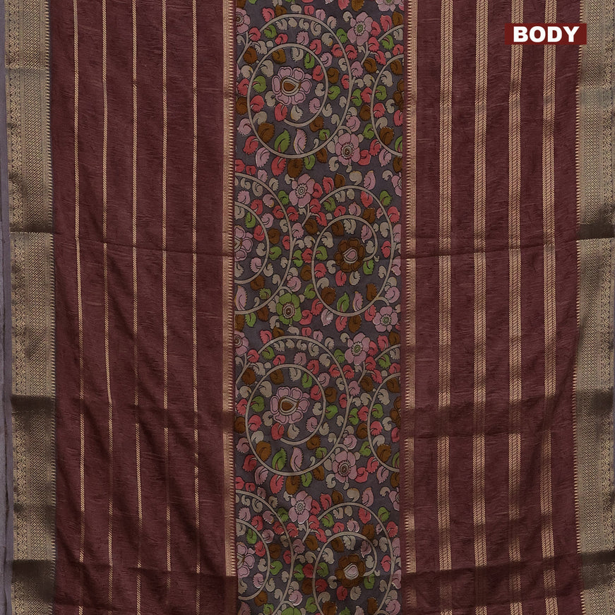 Semi crepe saree grey and rosy brown with kalamkari prints and long zari woven simple border