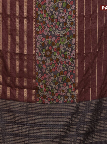 Semi crepe saree grey and rosy brown with kalamkari prints and long zari woven simple border