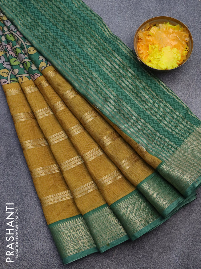 Semi crepe saree green and dark mustard with kalamkari prints and long zari woven simple border