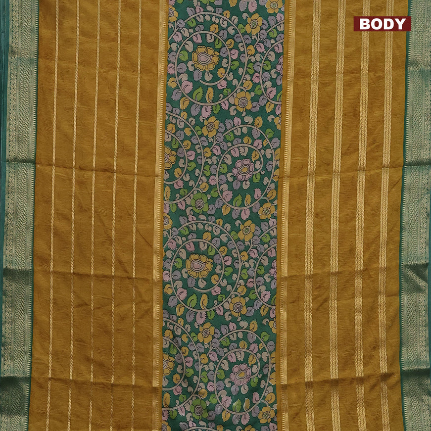 Semi crepe saree green and dark mustard with kalamkari prints and long zari woven simple border