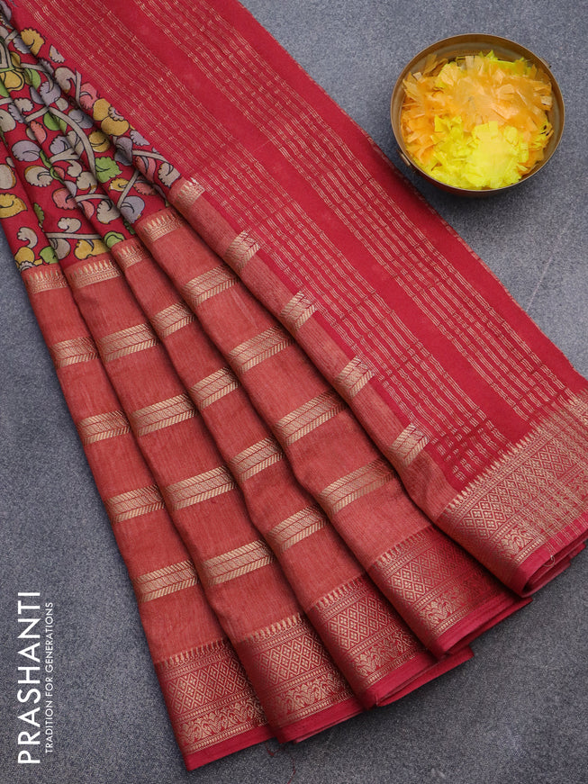 Semi crepe saree maroon and pastel maroon with kalamkari prints and long zari woven simple border