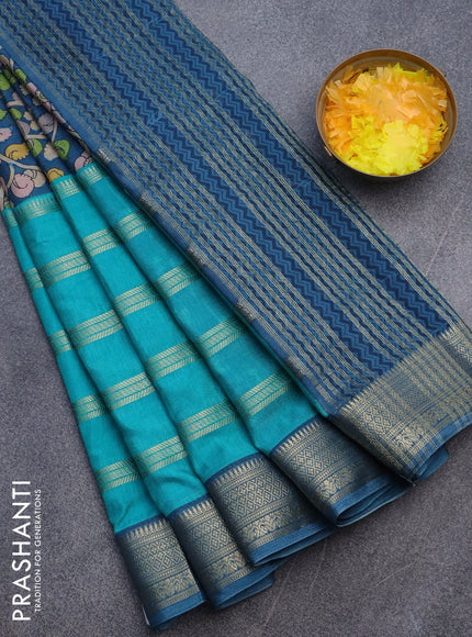 Semi crepe saree blue and teal blue with kalamkari prints and long zari woven simple border