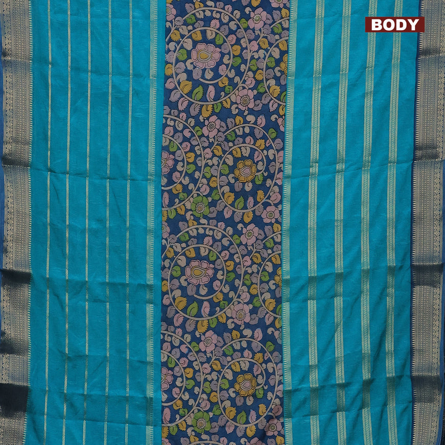 Semi crepe saree blue and teal blue with kalamkari prints and long zari woven simple border