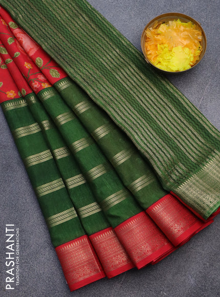 Semi crepe saree red and green with floral prints and long zari woven simple border