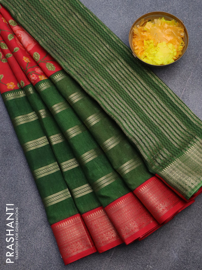 Semi crepe saree red and green with floral prints and long zari woven simple border