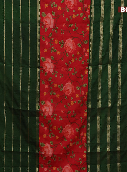 Semi crepe saree red and green with floral prints and long zari woven simple border