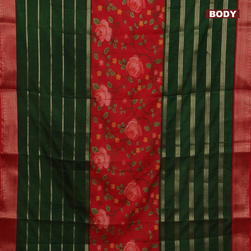 Semi crepe saree red and green with floral prints and long zari woven simple border