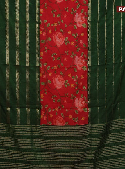 Semi crepe saree red and green with floral prints and long zari woven simple border