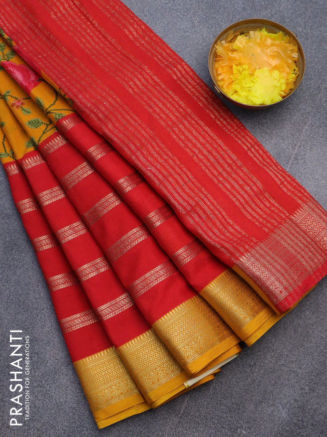 Semi crepe saree mustard yellow and red with floral prints and long zari woven simple border