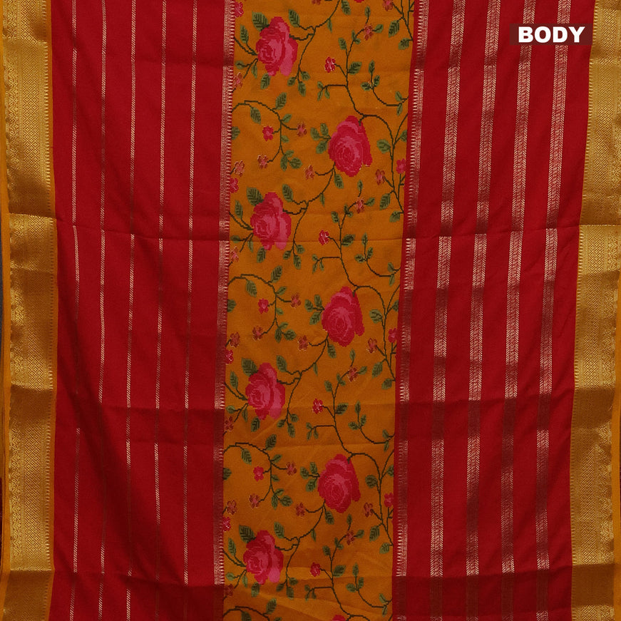 Semi crepe saree mustard yellow and red with floral prints and long zari woven simple border