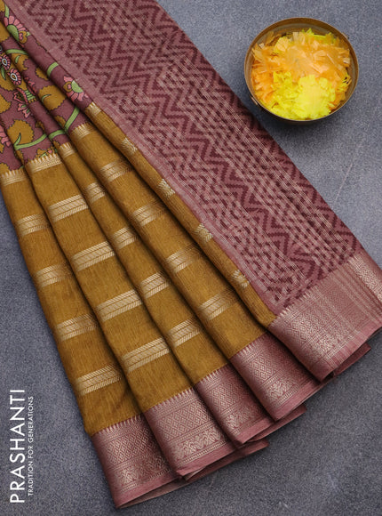 Semi crepe saree rosy brown and mustard yellow with kalamkari prints and long zari woven simple border