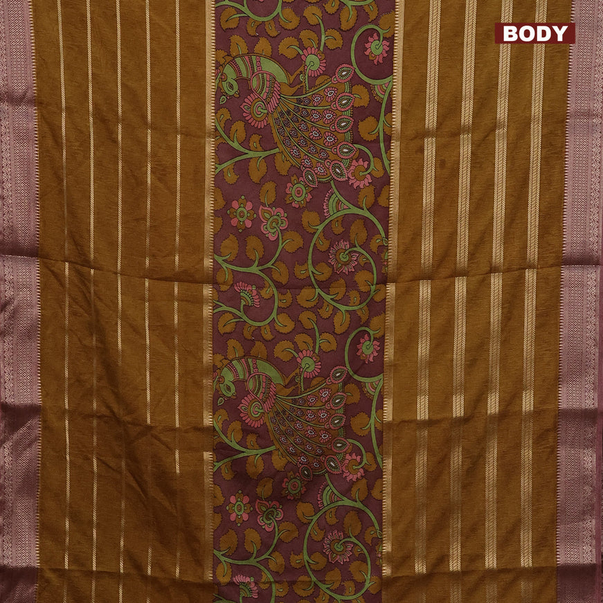 Semi crepe saree rosy brown and mustard yellow with kalamkari prints and long zari woven simple border