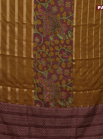 Semi crepe saree rosy brown and mustard yellow with kalamkari prints and long zari woven simple border