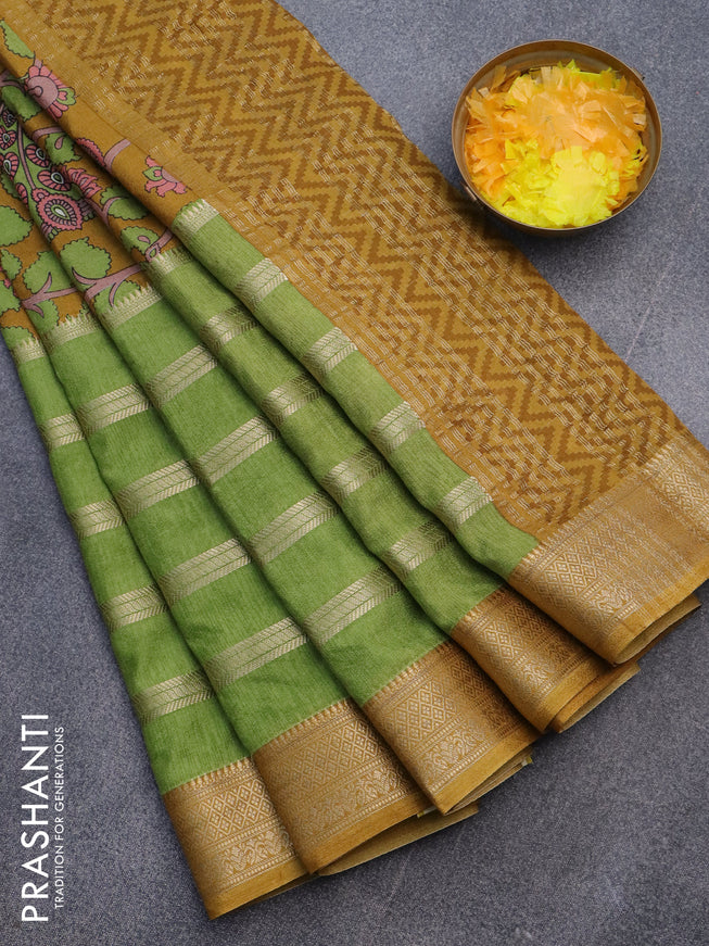 Semi crepe saree mustard yellow and green with kalamkari prints and long zari woven simple border