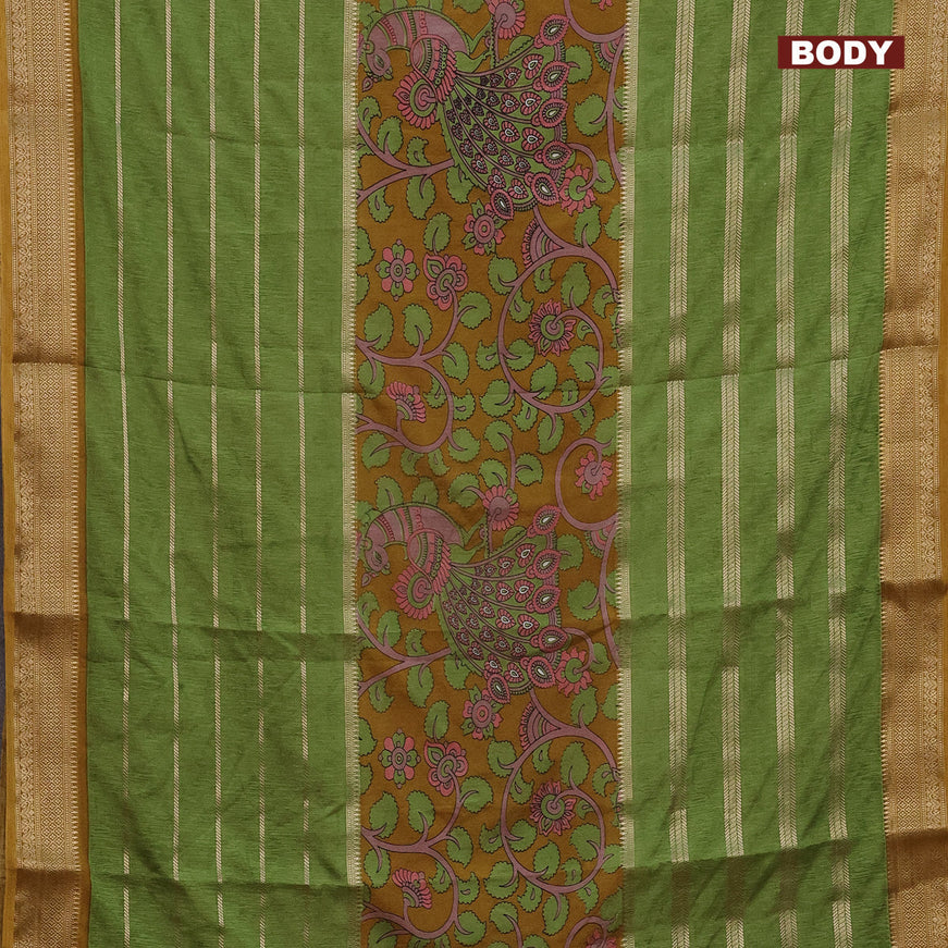 Semi crepe saree mustard yellow and green with kalamkari prints and long zari woven simple border