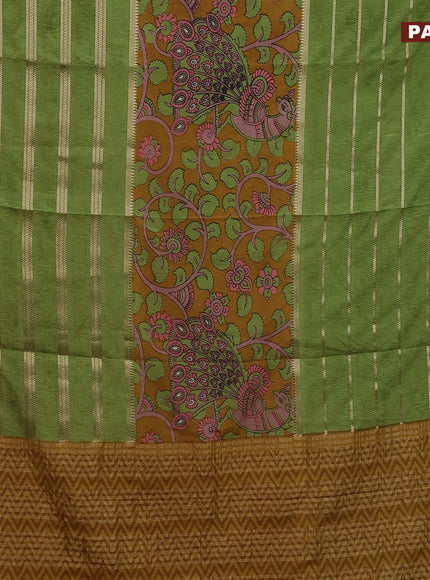 Semi crepe saree mustard yellow and green with kalamkari prints and long zari woven simple border