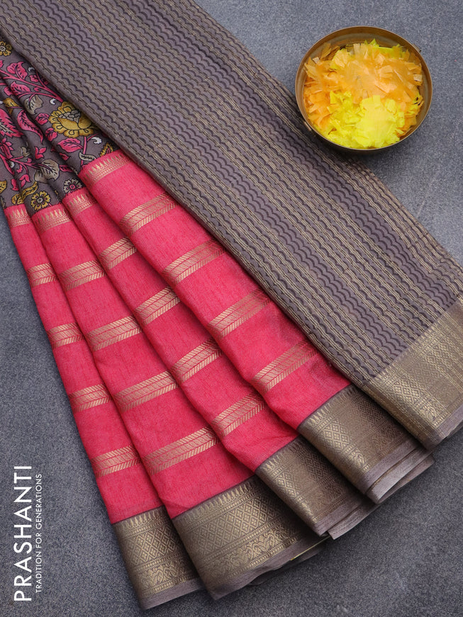 Semi crepe saree grey shade and pink with kalamkari prints and long zari woven simple border