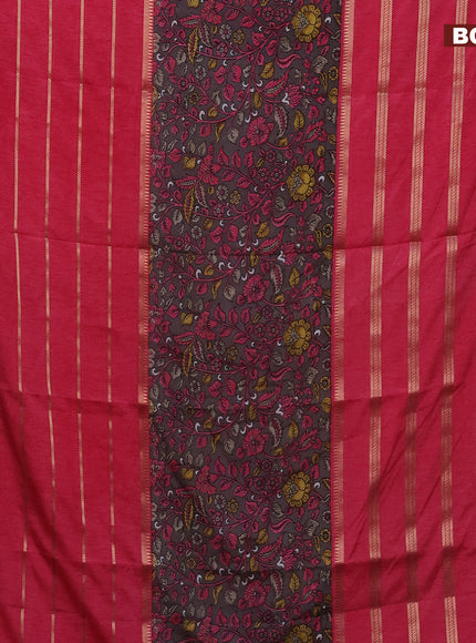 Semi crepe saree grey shade and pink with kalamkari prints and long zari woven simple border