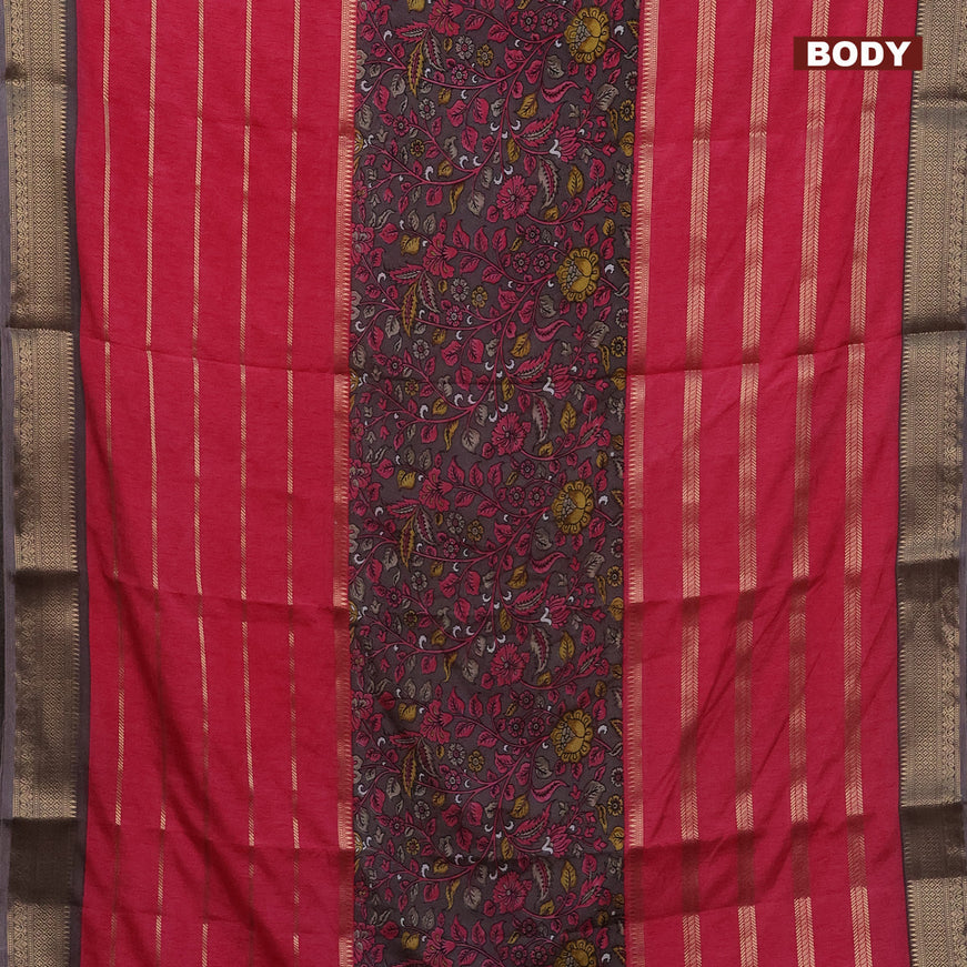 Semi crepe saree grey shade and pink with kalamkari prints and long zari woven simple border